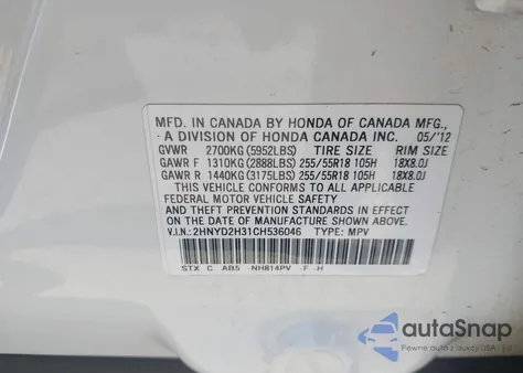 2012 Acura Mdx Technology Package z USA, uszkodzony, nr VIN 2HNYD2H31CH536046